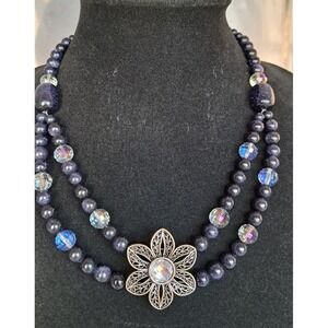 Fashion Jewelry Gemstone Beaded Necklace Blue Goldstone 2 Strands